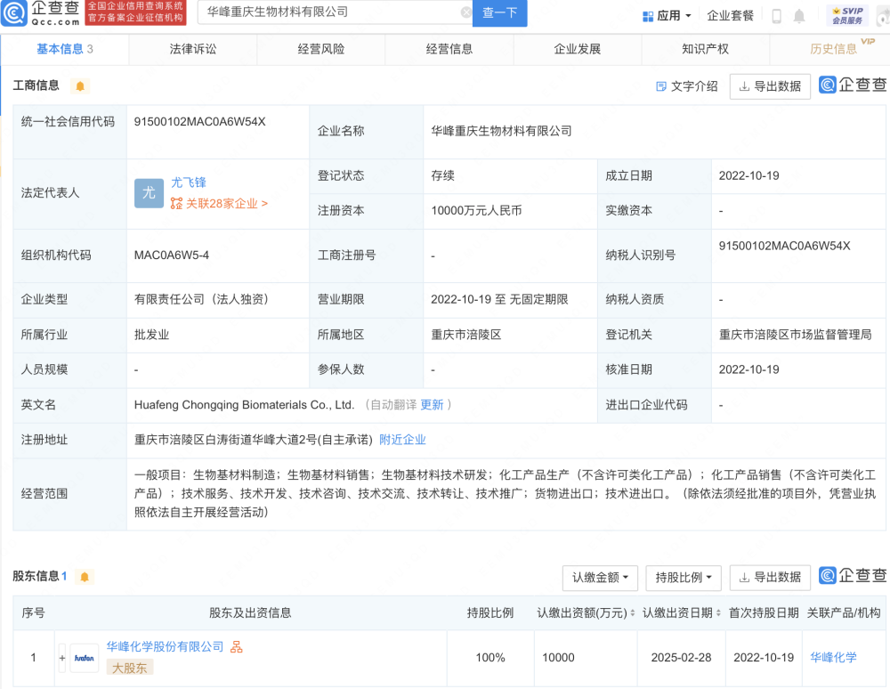 華峰化學(xué)于重慶新設(shè)生物材料子公司,注冊資本1億元